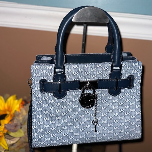 Michael Kors Hamilton Small Logo Embossed Washed Denim Satchel - Picture 3 of 10